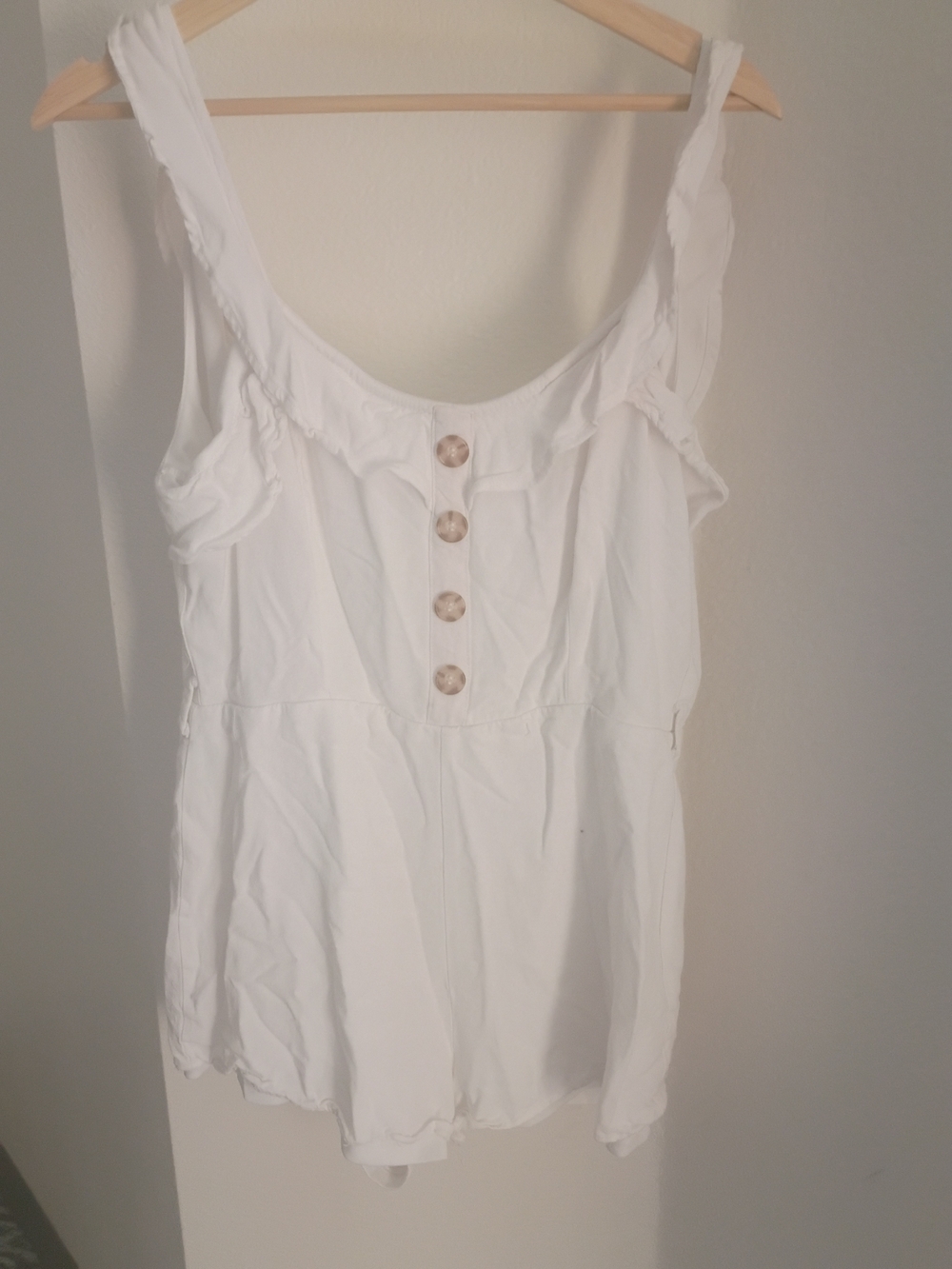 She + Sky White Button-Front Ruffle Strap Romper